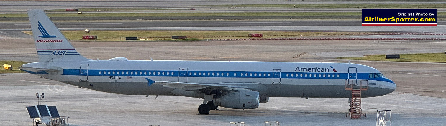 American Airlines Airbus A321-231, Registration N581UW in Piedmont Airlines livery at Dallas-Fort Worth International Airport (DFW). (Staff Photo, July 5, 2024)