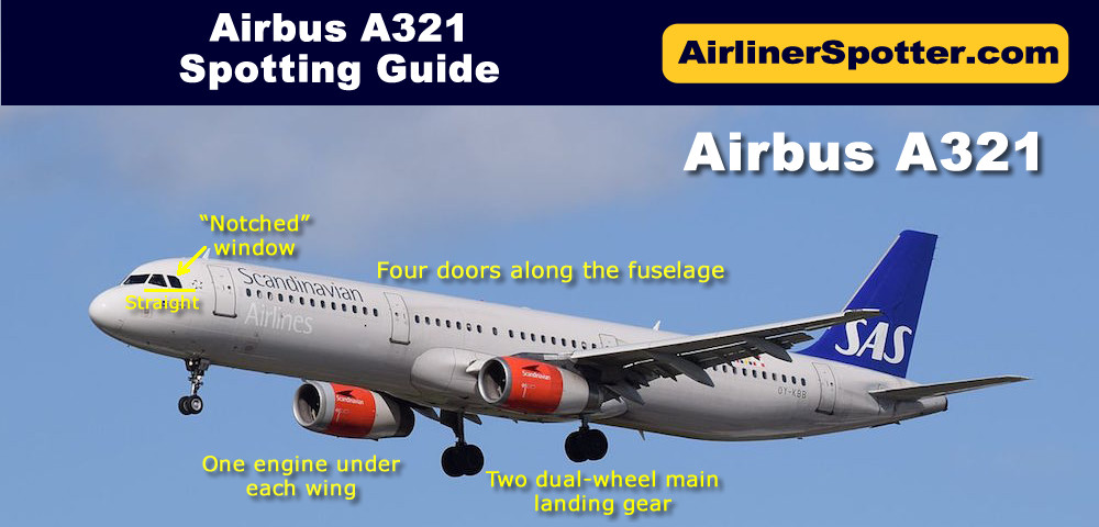 The A321 has two engines under the wings, two dual-wheel main landing gear, four doors along the fuselage, and the classic Airbus nose featuring the "notched" window.