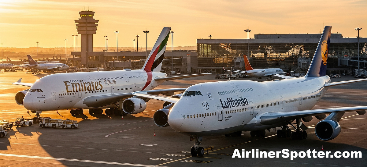 Emirates Airbus A-380 parked next to a Lufthansa Boeing 747