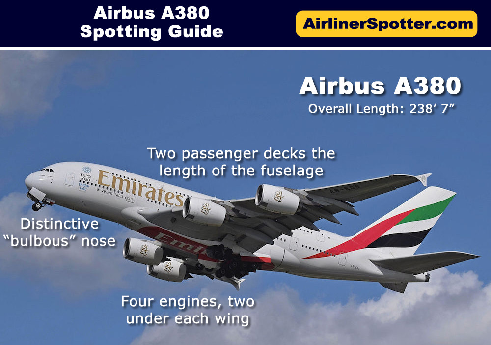 The A380 is easy to spot, with its two full-fuselage passenger decks, a bulbous nose, and four engines under the wings. Shown here is an Emirates Airbus A380.