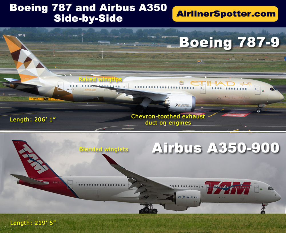 Side-by-side comparison view of the Boeing 787-9 (top) and Airbus A350-900 (below)