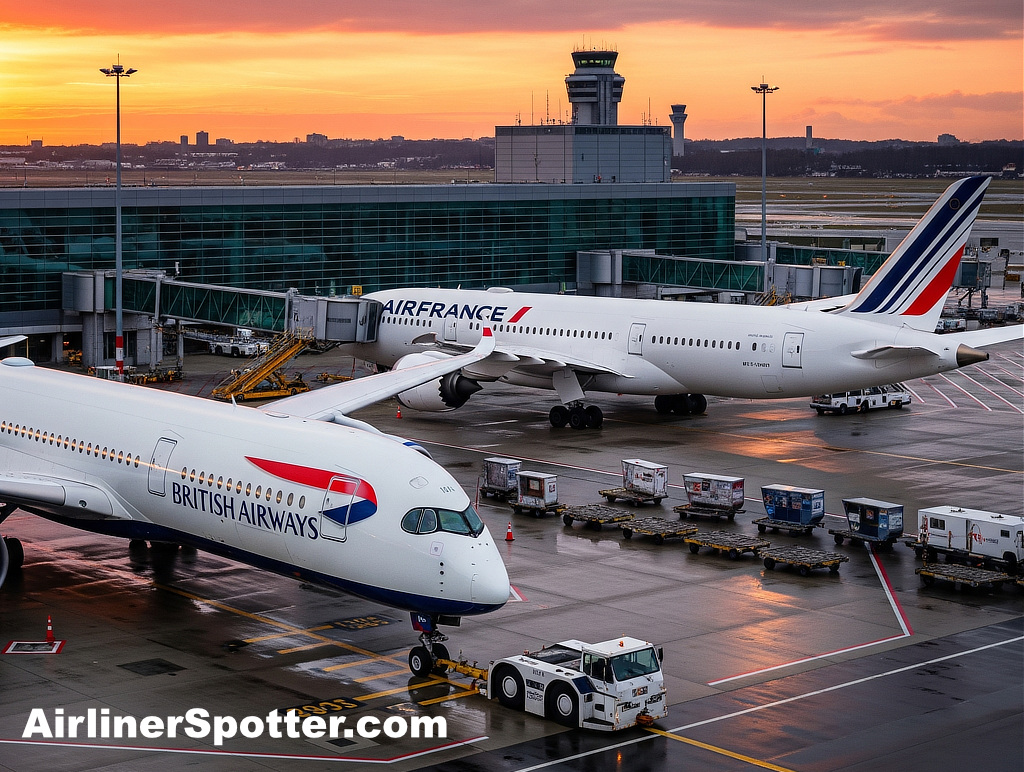 Side-by-side view of an Air France Boeing 787 (top) and a British Airways Airbus A350 (below)
