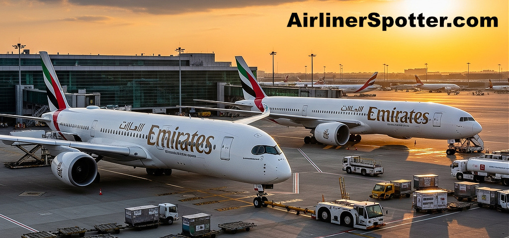 Emirates Boeing 777 (right) and Airbus A350 (left) parked side-by-side