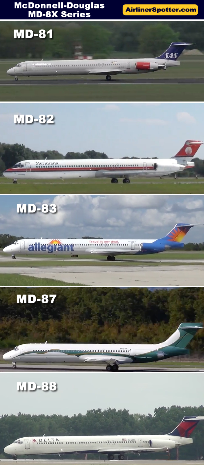Photo comparison of the McDonnell-Douglas MD-81, MD-82, MD-83, MD-87 and MD-88 airliners