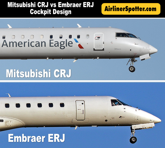 Comparison of the nose sections of the Mitsubishi CRJ (top) and Embraer ERJ (bottom) regional jets