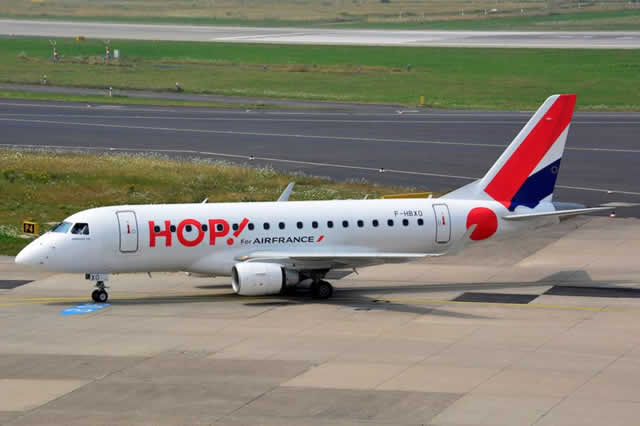 Air France HOP Embraer E170 regional jet. Note the engines mounted under the wings in the E-Series jets.